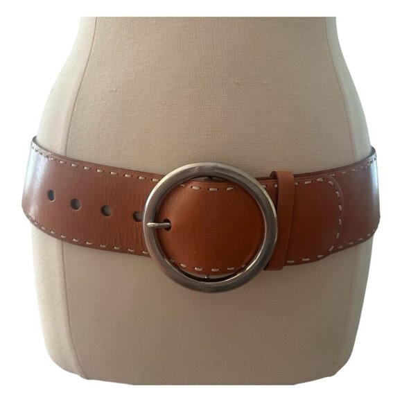 PRADA Belt Women 36 EU 90 Wide Leather Brass Round Buckle Hippie Statement Italy - Picture 3 of 16